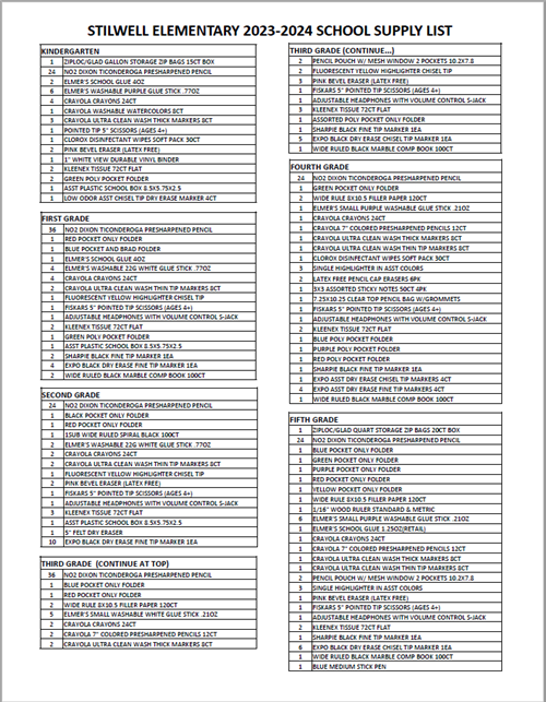 School Supplies list 23-24